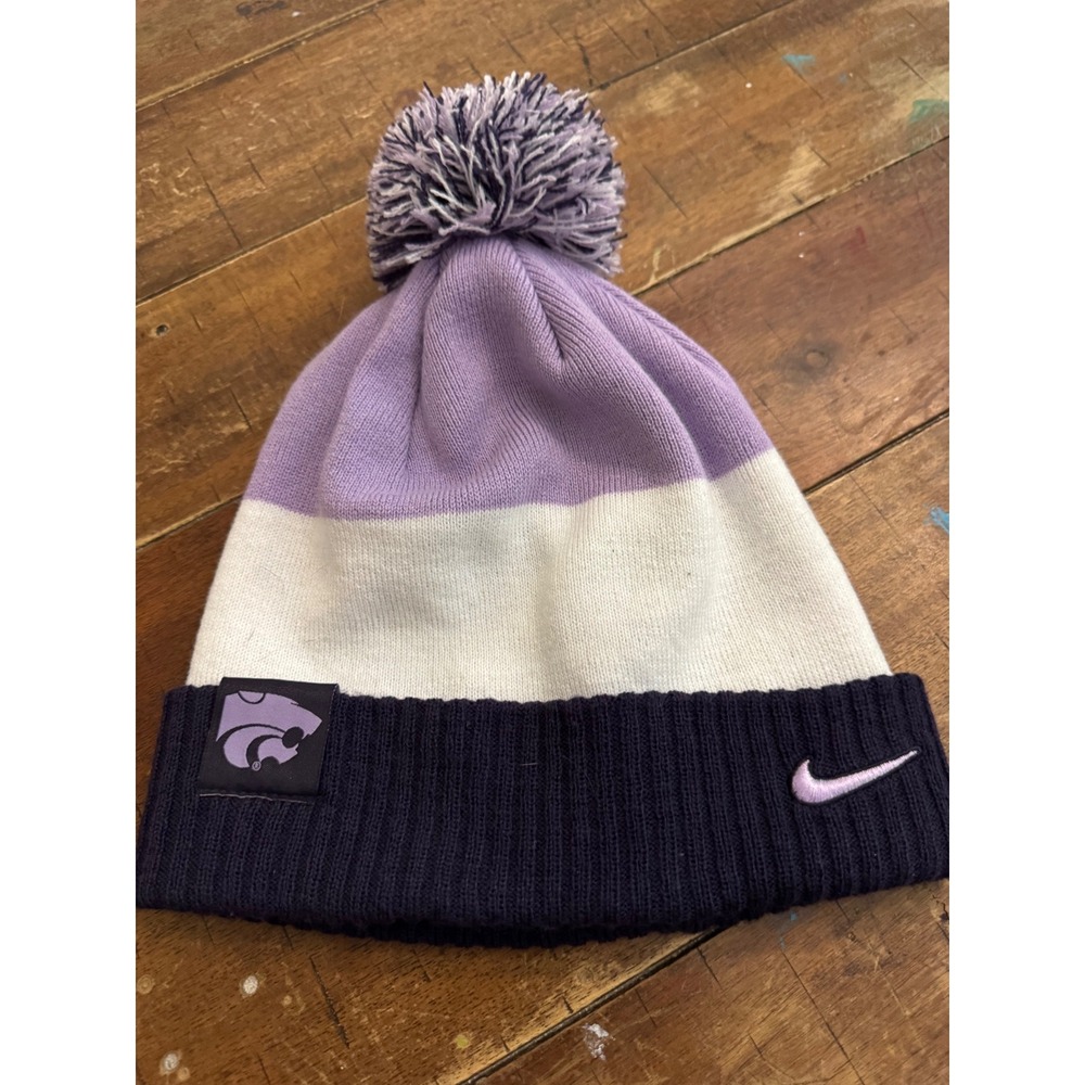 Nike Kansas State Wildcats K-State Beanie Pom Knit Hat Purple White Navy Blue